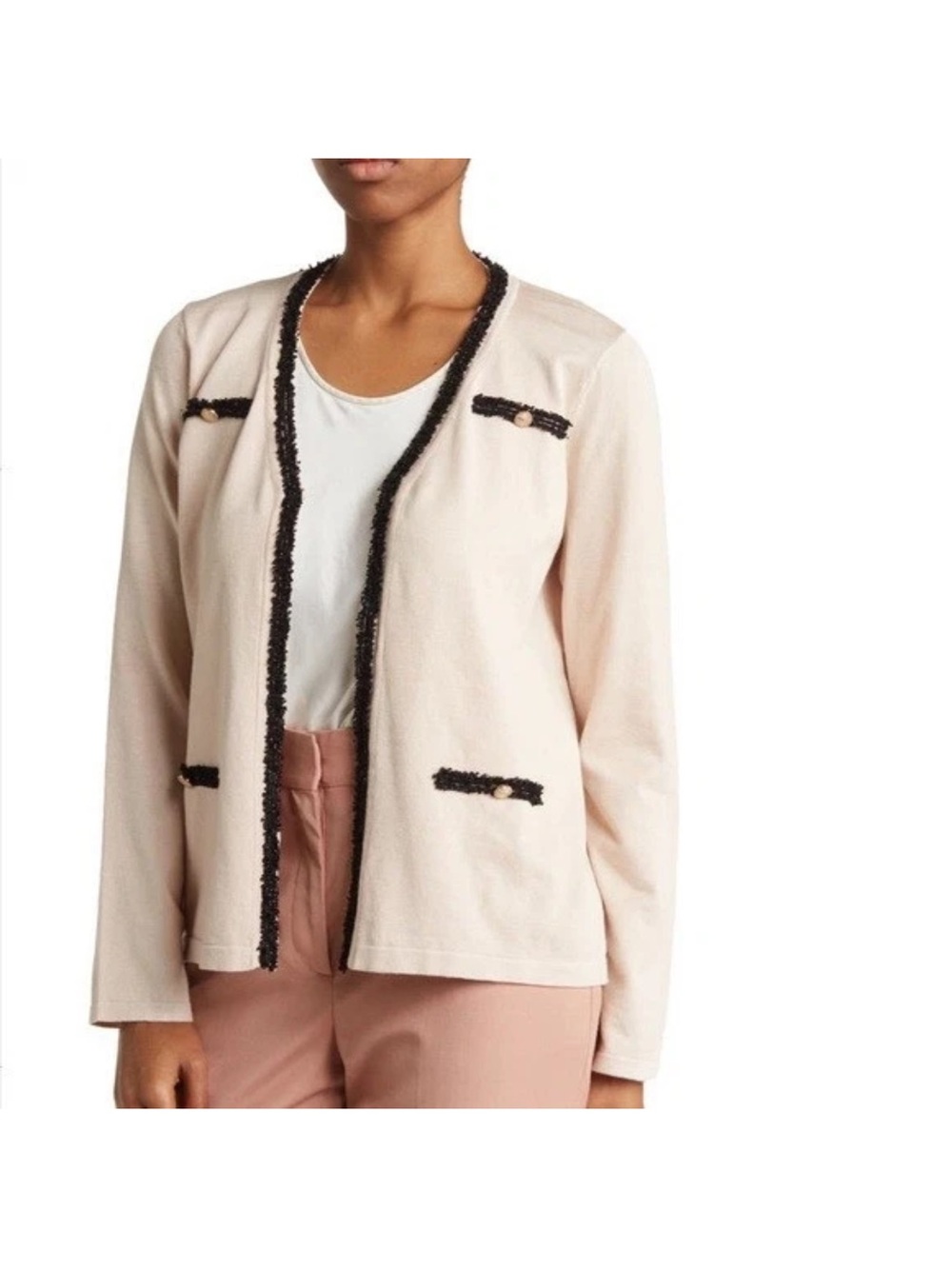 Adrianna Papell Nordstrom Contrast Tweed Knit Cardigan Pocket Pink Gold Small